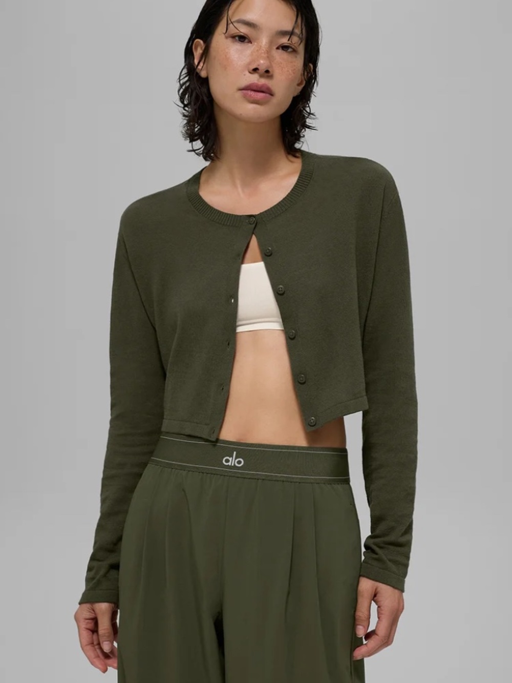 Alo Yoga Supernatural Sweater Cardigan Green Olive Relaxed Cropped Knit Womens L